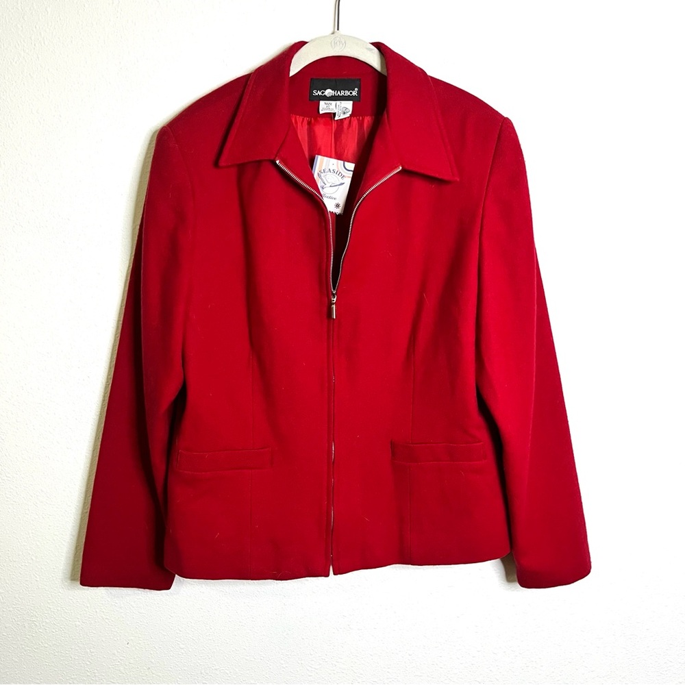 Vintage 90s 100% wool Sag Harbor Women's Bold Red Blazer academia indie prep - Picture 2 of 8